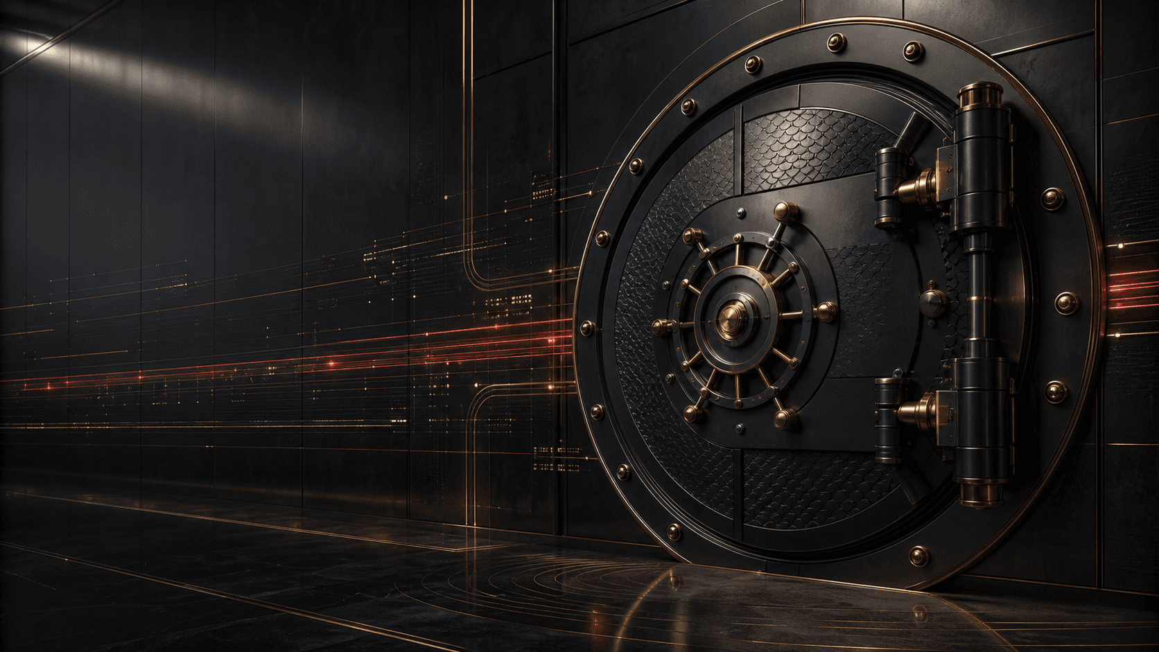 Black steel vault door with gold and red credit routing lines
